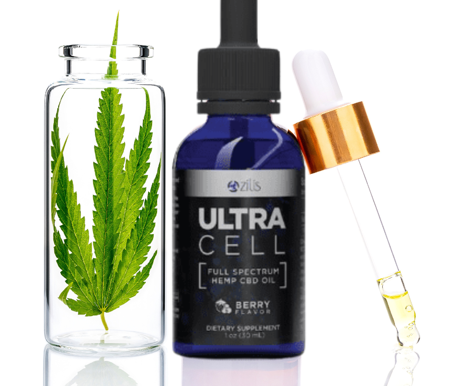 Zilis Ultra Cell CBD-olie og hampplante i en flaske